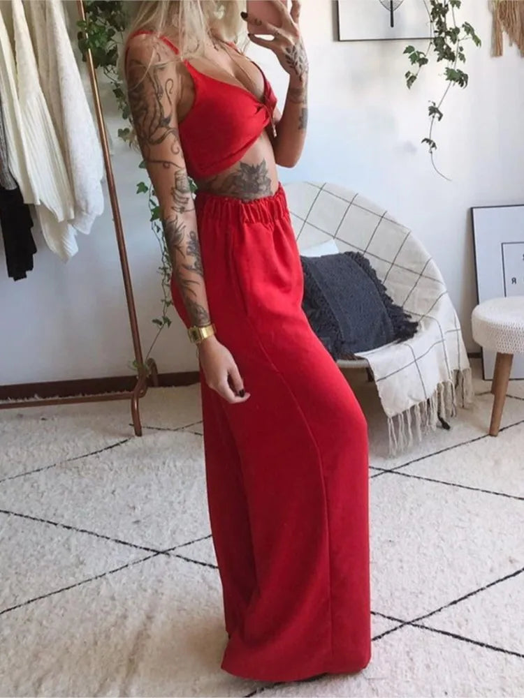 Sexy Two Piece Set Women Outfit 2025 Summer Butterfly Print V-Neck Cropped Top High Waist Drawstring Casual Wide Leg Pants Sets