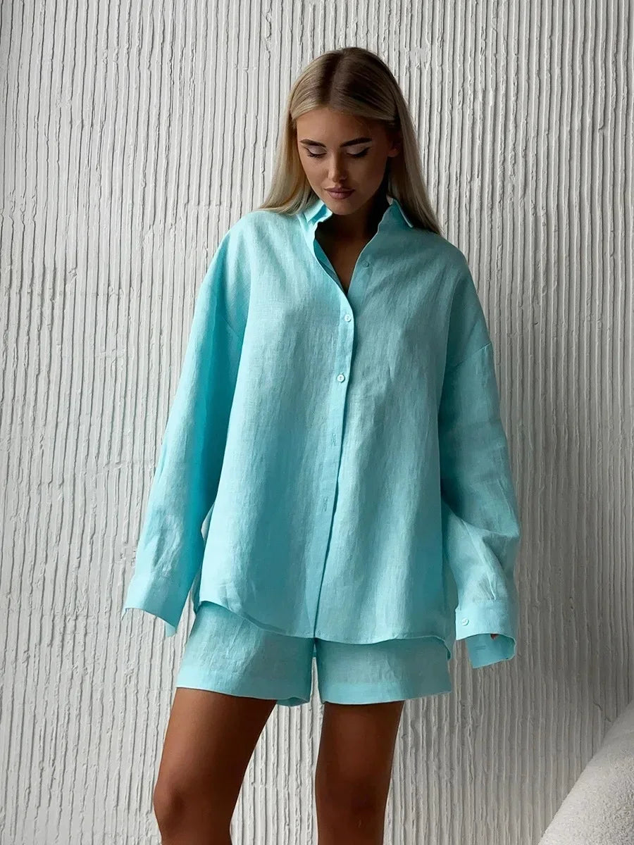 2026 Women's Chic Casual Shorts Sets 100% Cotton Solid Color Cozy Lapel Long Sleeve Shirt Summer New Elastic Waist Shorts Suits