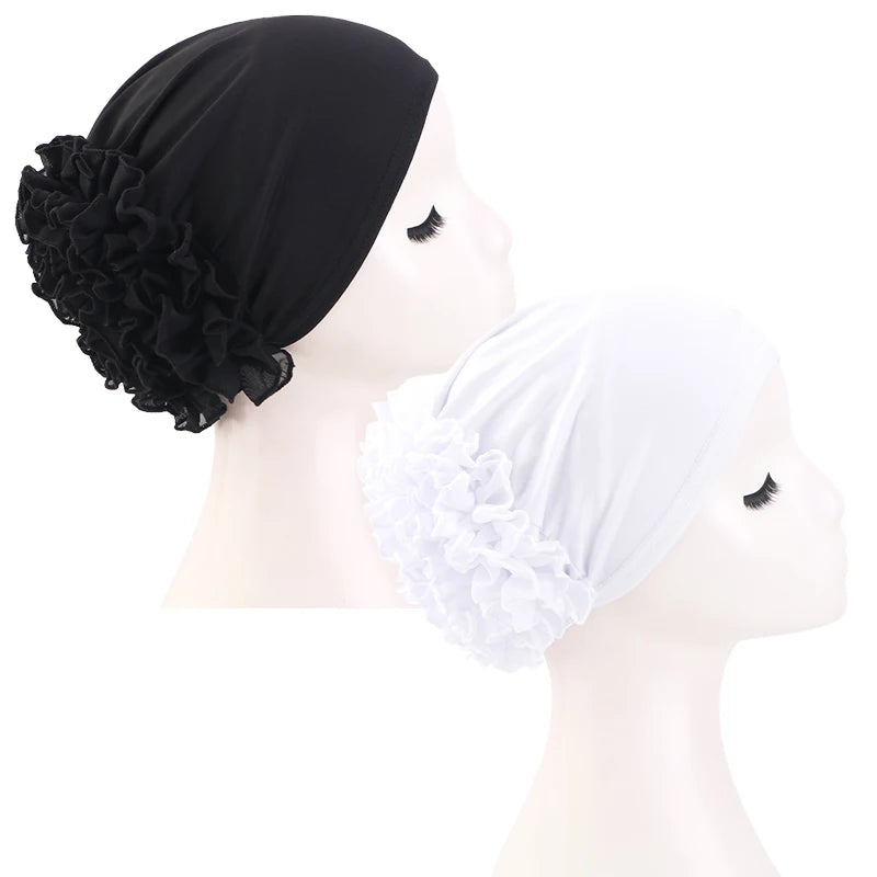 New breathable chiffon hat with large flowers Solid color thin bottom cap Islamic Head Wrap Women's elastic anti hair loss hat