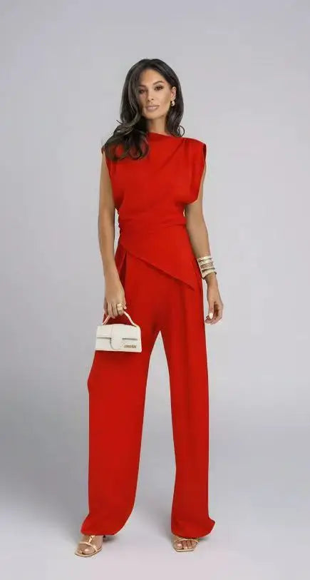 Women's Sleeveless Asymmetric Top & Wide Leg Pants Set Solid Color High Waist Casual Two Piece Outfit Office Lady Simple Set