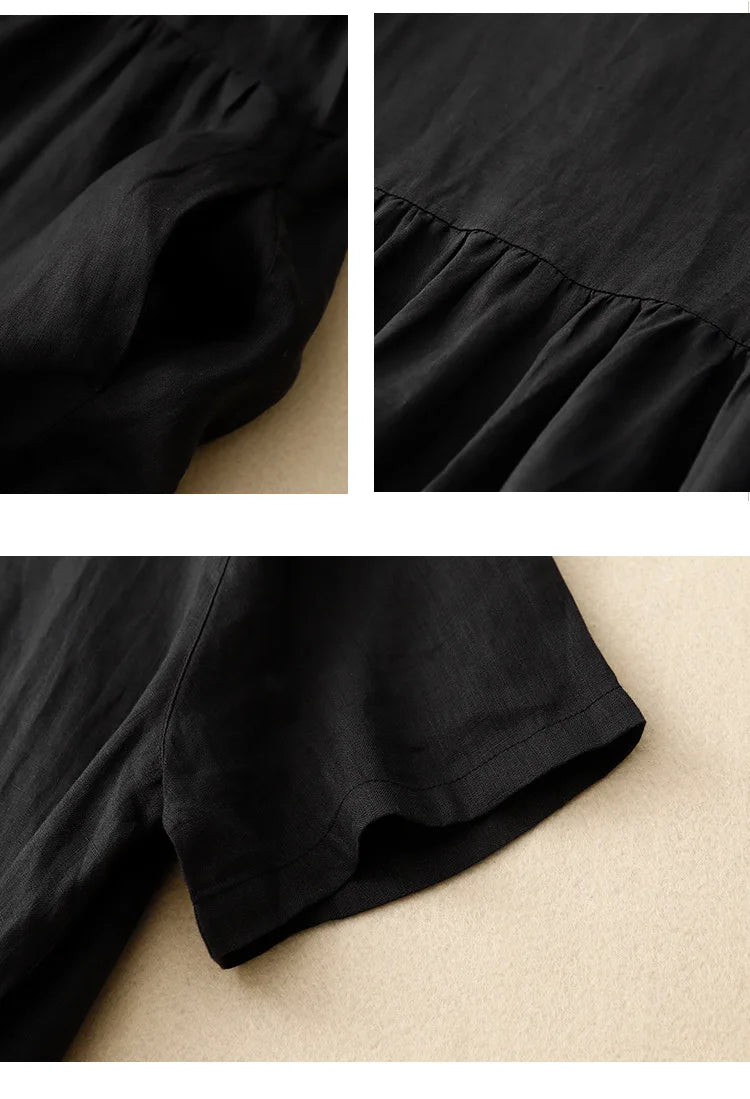 Summer Cotton Linen Blended Thin And Breathable Dress Women Literary Big Swing Short Sleeve Solid Loose Casual Female Dresses