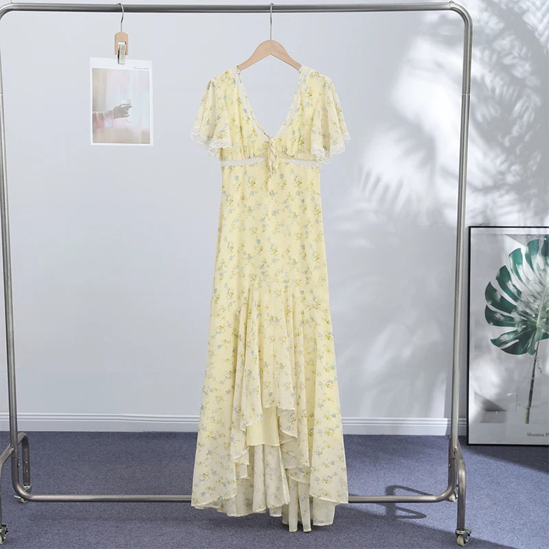 Elegant Sexy Print Fish Dress Women V Neck Short Sleeves High Waist Ruffles Split Vestidos Female 2026 Summer New Chic Dresses