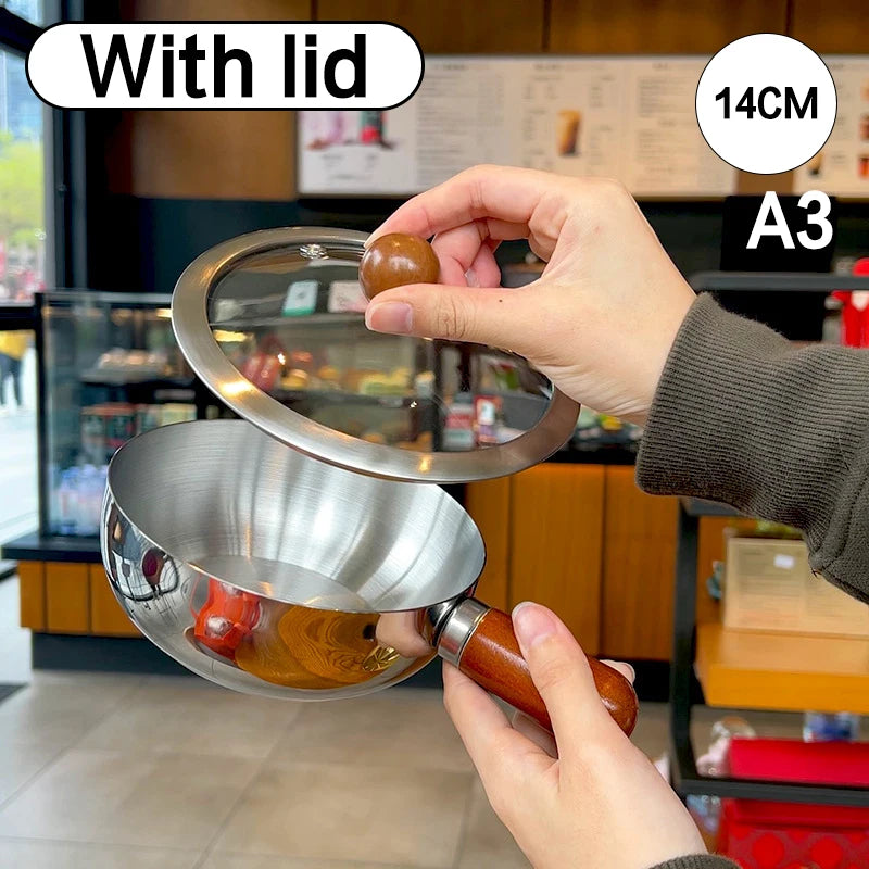 1Pc Stainless Steel Cooking Pot With Wooden Handle Compact Small Noodle Pot For Baby Food Milk Snacks Kitchen Gadgets