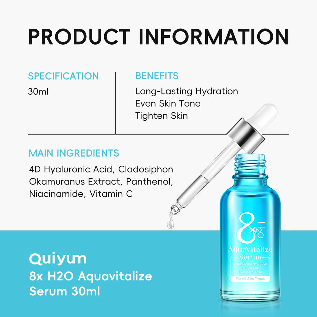 Quiyum 8X H2O AquaVitalize Serum 30ml Long‑Lasting Hydrating Even Skin Tone Refining Daily Facial Essence for All Skin Types