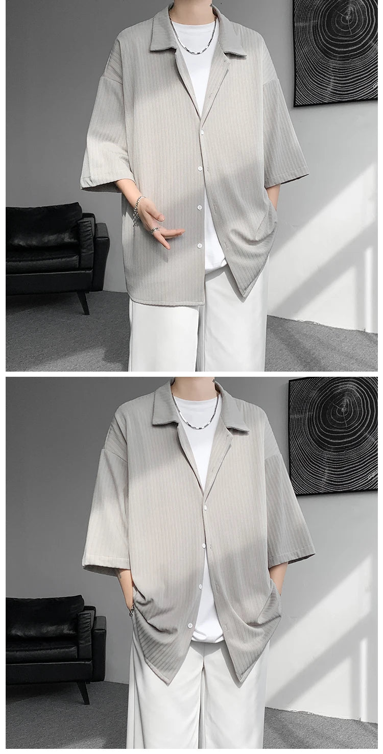 LEGIBLE Spring Summer Solid Shirts Men Casual Oversized Three Quarter Shirts Male Loose Fit Shirt for Man