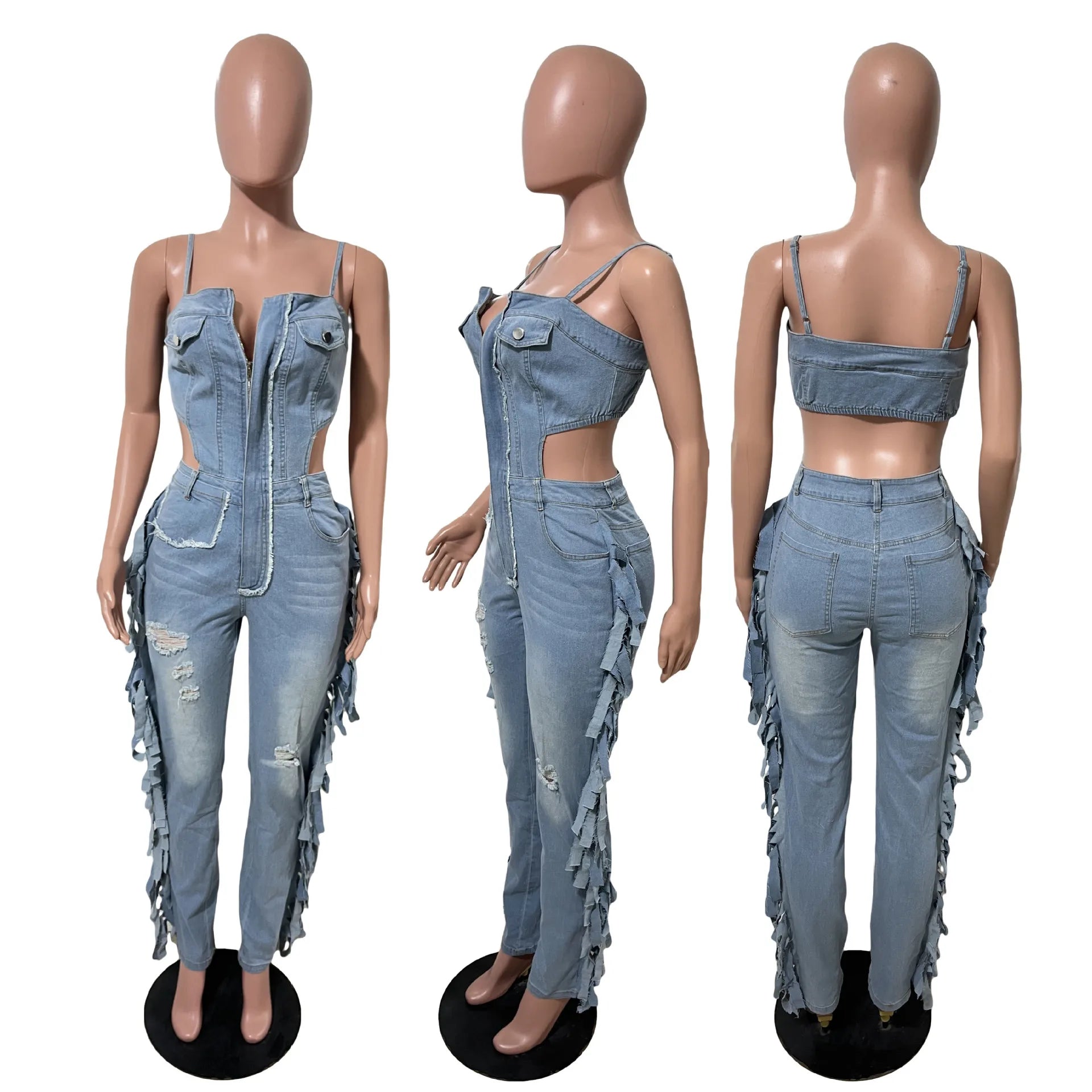 FAGADOER Fashion Fringed Bodycon Denim Jumpsuits Women Sexy Spaghetti Strap Hollow Out Zipper Pocket Patchwork Romper Streetwear
