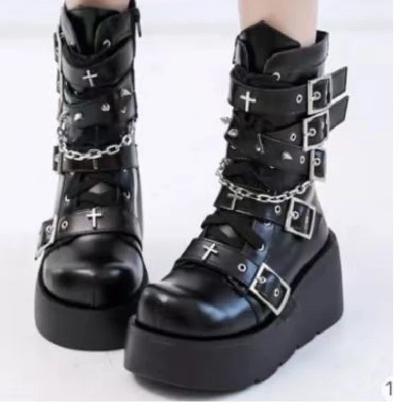New Gothic Style Platform Vampire Cosplay Women Mid-calf Boots 2026 Winter Wedges Comfy Women Motorcycle Boots Shoes