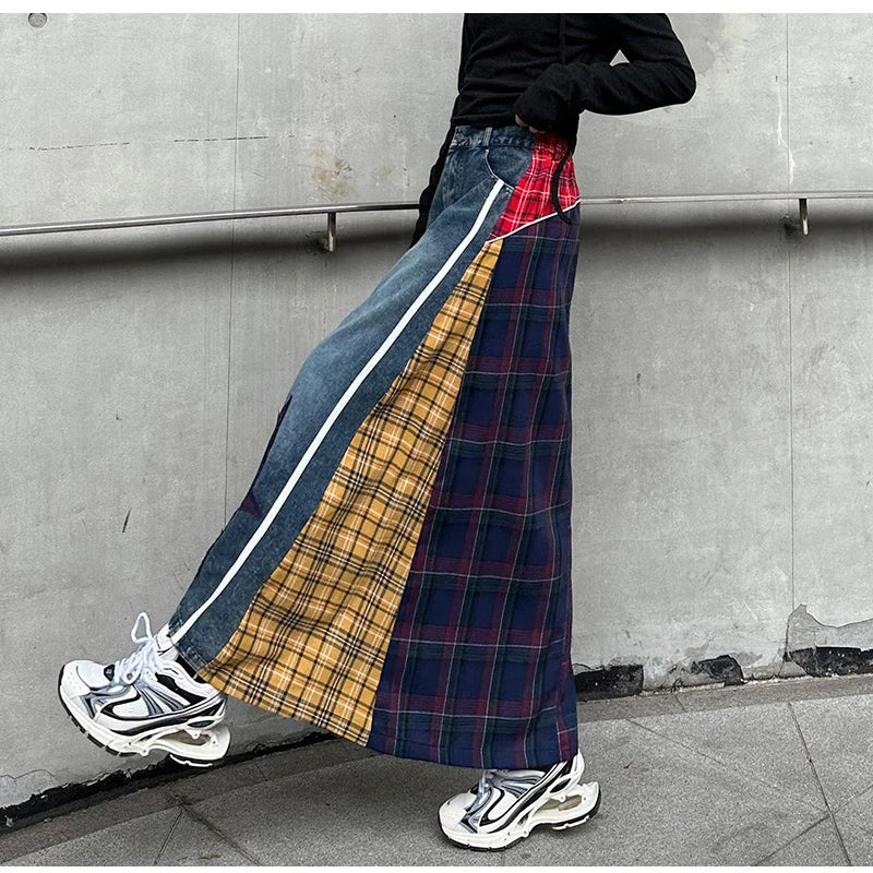 High Fashion Denim Skirt Women Elastic High Waist A-Line Long Skirt Female Colorful Patchwork Plaid Jean Skirt