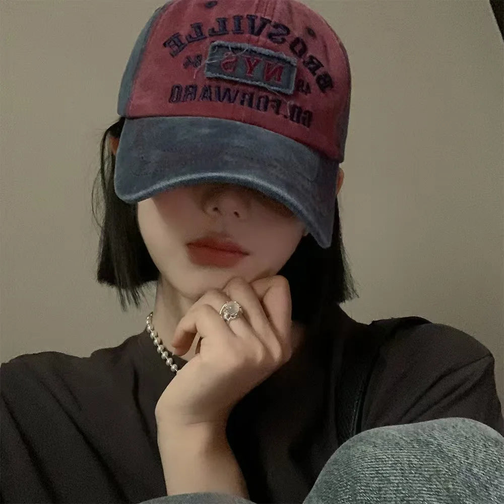 Four Seasons Men Baseball Cap Casual Distressed Washed Cotton Letter Embroidered Cap Bent Brim Dome Casual Sun Protection Hat