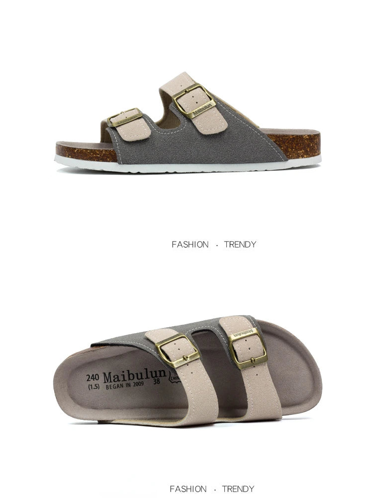Nubuck Women Cork Slippers Summer Mule Clogs Flats Sandals Slides Casual Beach Couple Double Buckle Soft Shoes Footwear Big Size