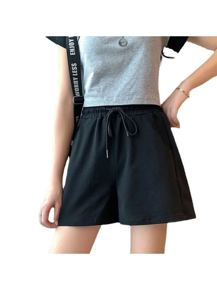 New Arrival Summer Women Casual Shorts High Waist Loose Fit Drawstring Waist Solid Color Hot Pants
