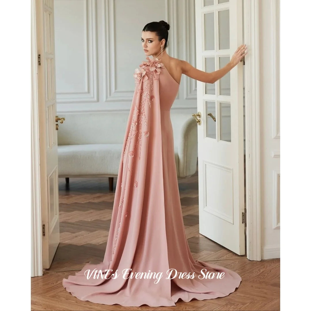 VINES Pink One Shoulder Prom Dress 3D Flower Beaded Evening Dress With Cape Elegant Floor Length Formal Party Dress Customized