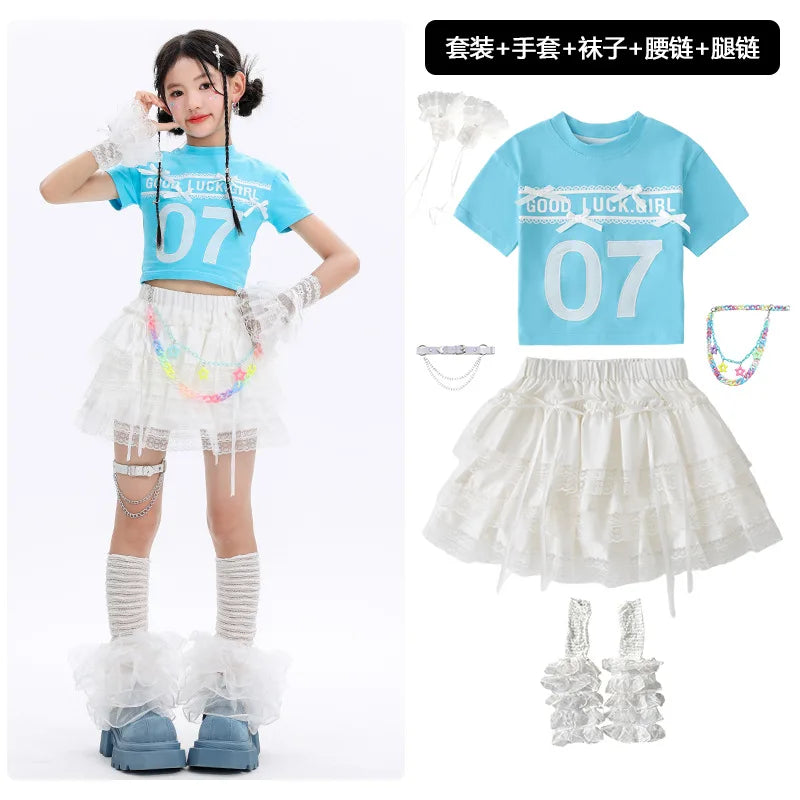 Kid Cute Hip Hop Clothing BLue Crop T Shirt Sleeves White Layered Lace Pleated Mini Skirt for Girls Jazz Dance Costume Clothes