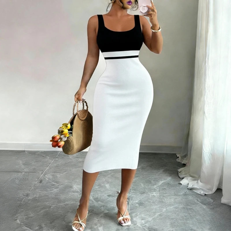 Women's White Black Patchwork Block Square Neck Sleeveless Stretchy Knit Bodycon Midi Dress Elegant Summer Daily Party Dress