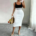 Women's White Black Patchwork Block Square Neck Sleeveless Stretchy Knit Bodycon Midi Dress Elegant Summer Daily Party Dress