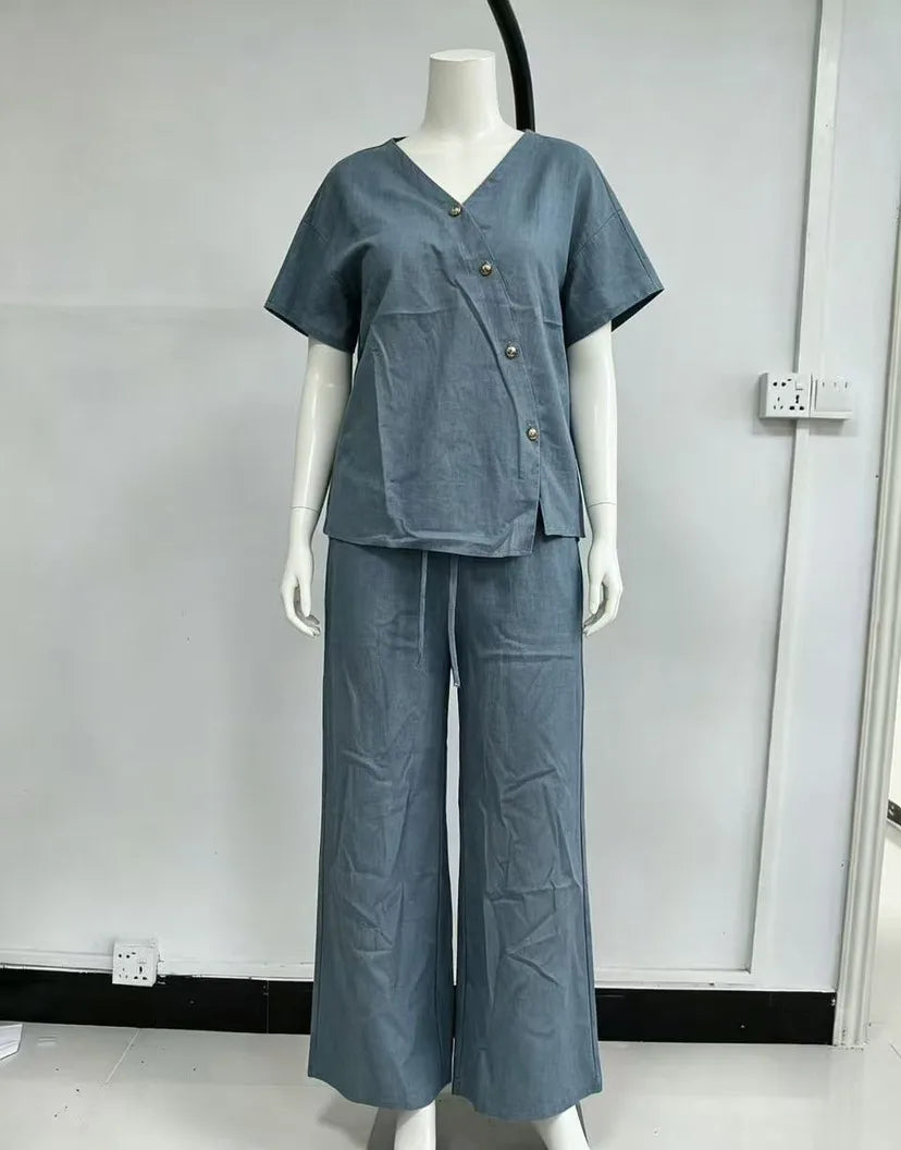 Casual Cotton Loose Pants Sets Women Summer 2026 Fashion Short Sleeve V-neck Tops And Wide Leg Pant 2 Piece Set Woman Outfits
