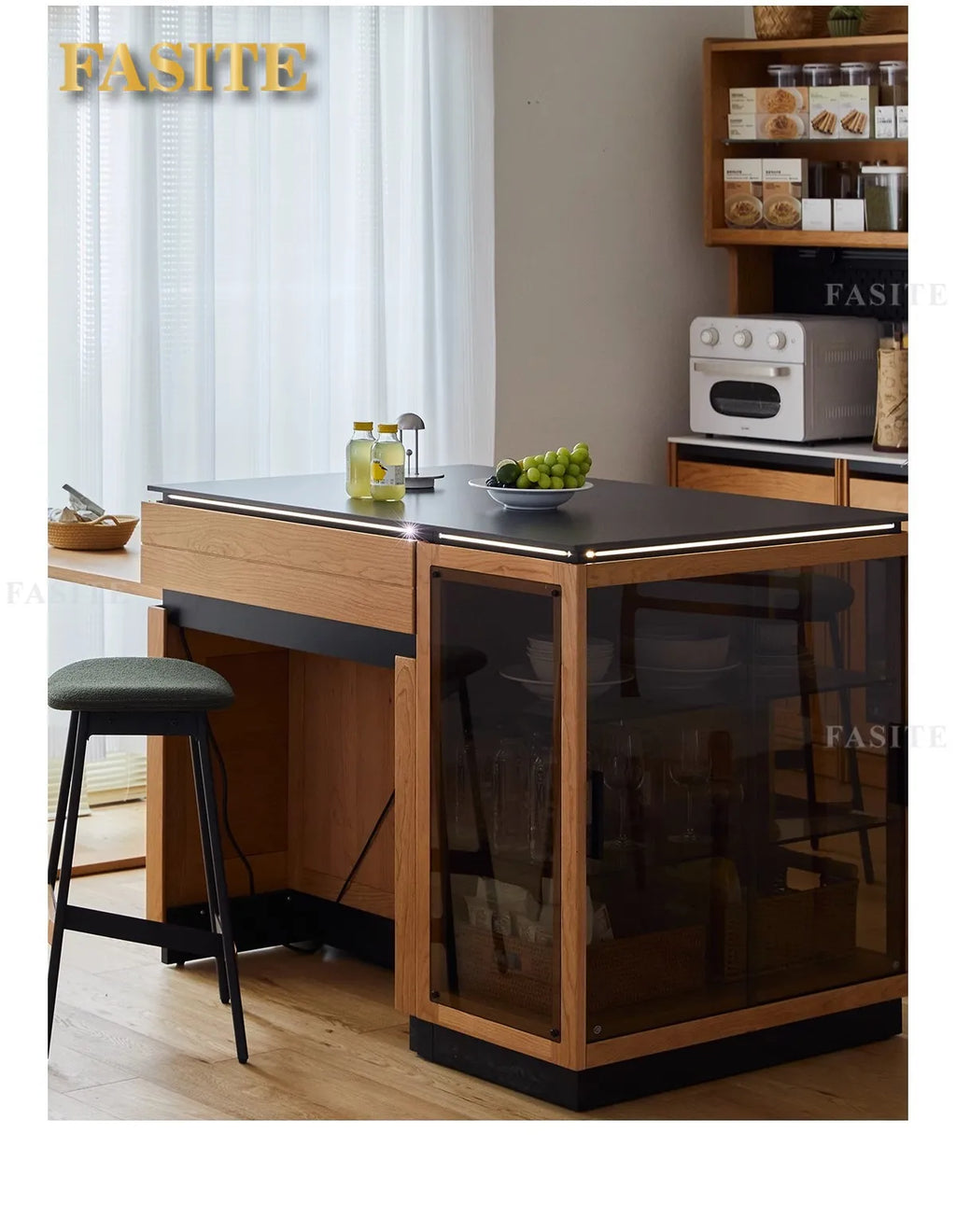 Solid wood island table retractable small apartment open integrated bar cabinet rock locker
