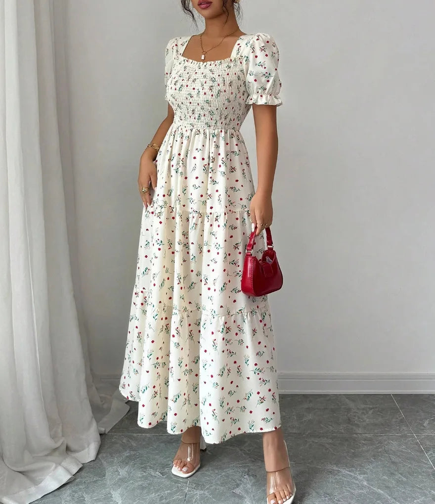 Spring and Autumn Women's Square Neck Short Sleeve Long Skirt Fresh Printed Casual Fashion Slight Backless Temperament Dress