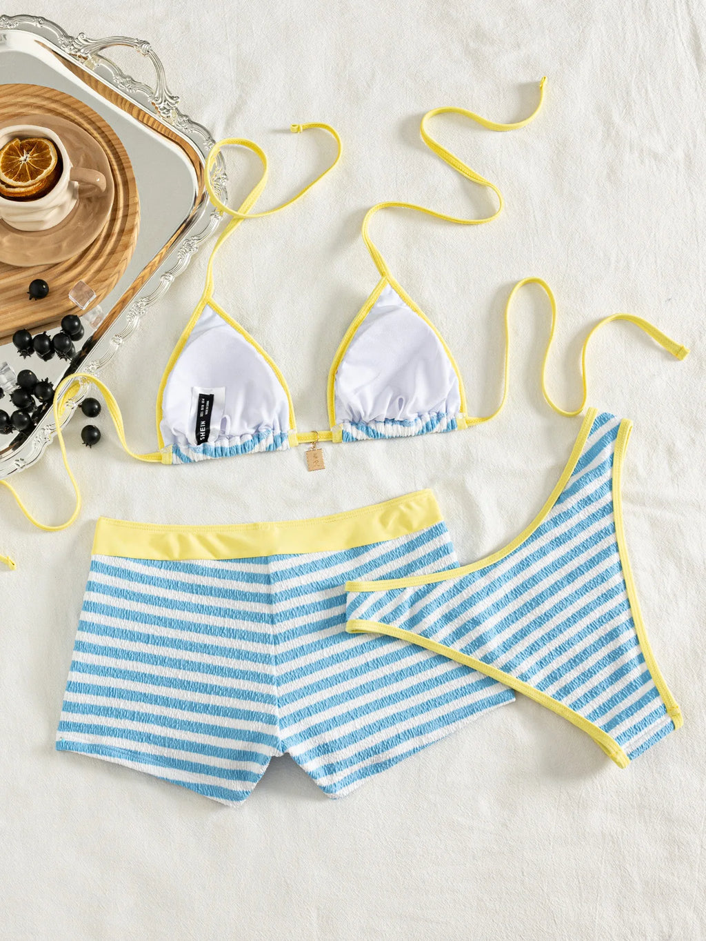 Women 3 Piece Striped Bikini Set Halter Triangle Top High Cut Thong Drawstring Shorts Summer Beach Swimwear Bathing Suit
