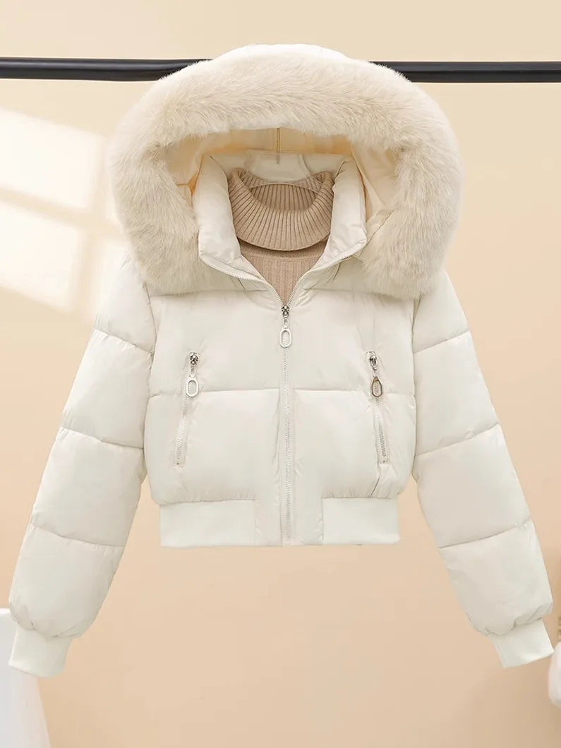Korean Style Short down Cotton Jacket Women's Thickened Large Fur Collar Hooded Coat Slim Fit Commute Element  Color