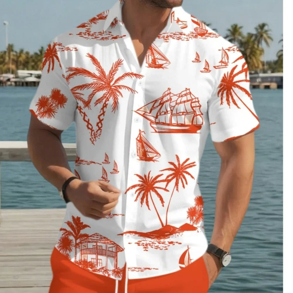 Cat Cartoon Print Shirt] Plus Size 3D Digital Print Cartoon Fun Men's Short Sleeve Button Shirt Fashion Hawaiian Vacation Shirt