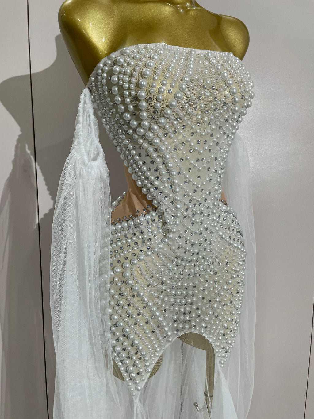 Elegant Sparkly Rhinestone White Pearl Sexy Strapless Mesh Long Dress Wedding Guest Gowns Luxury Birthday Evening Party Dress