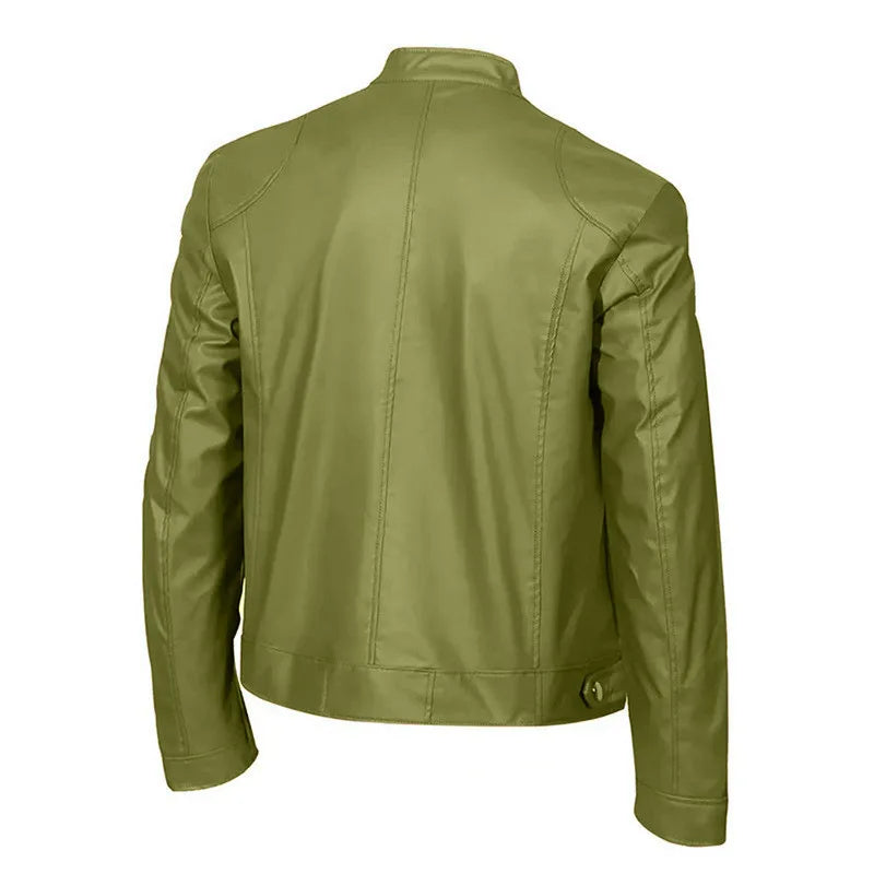 Winter Stand Collar Zip-Up Pocket PU Leather Jacket Men's Slim Business Casual