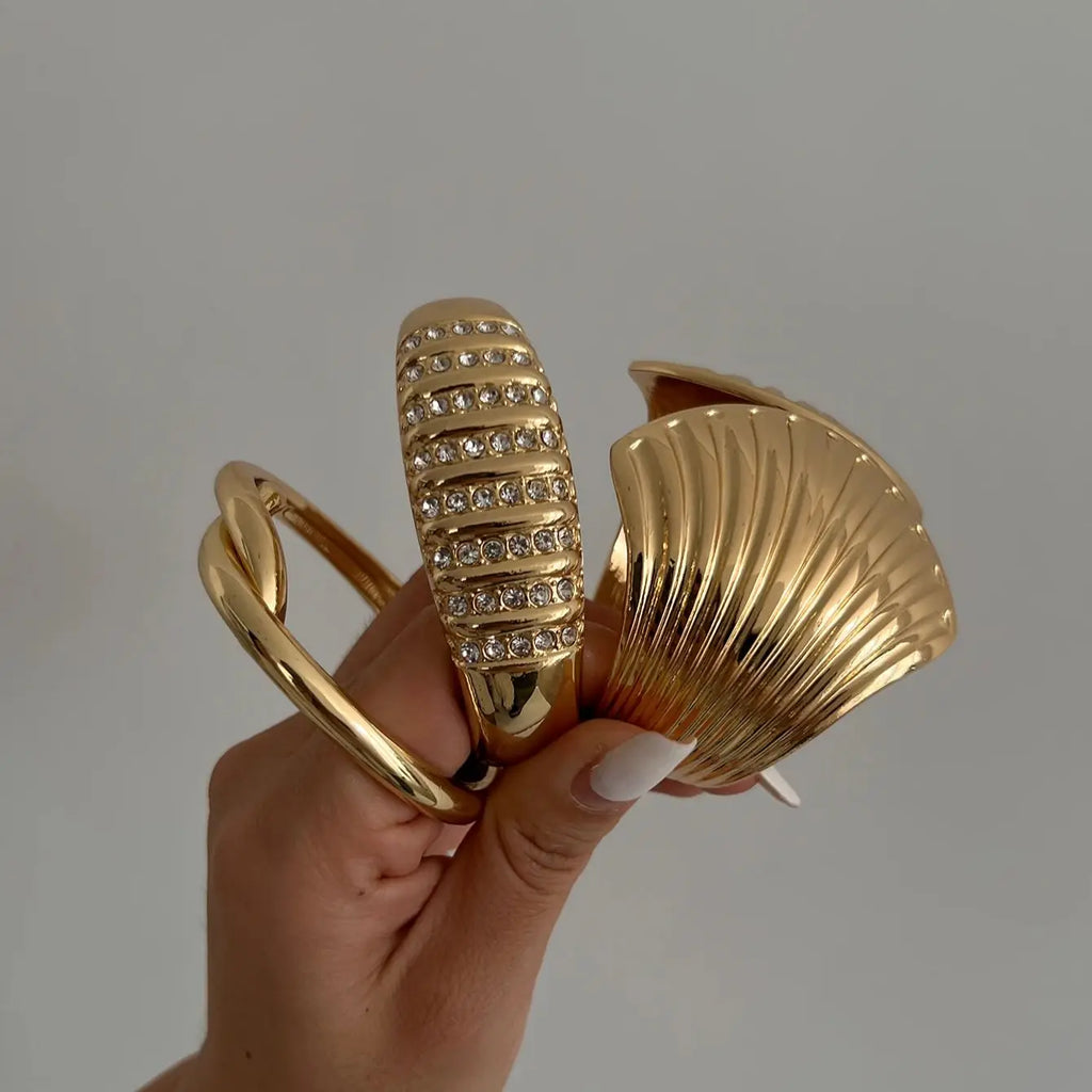 SHIXIN 6 Styles Gold Color Silver Color Scallop-Shaped Spring Bangles for Women Elegant Inlaid Rhinestone Cuff Bangles Bracelet