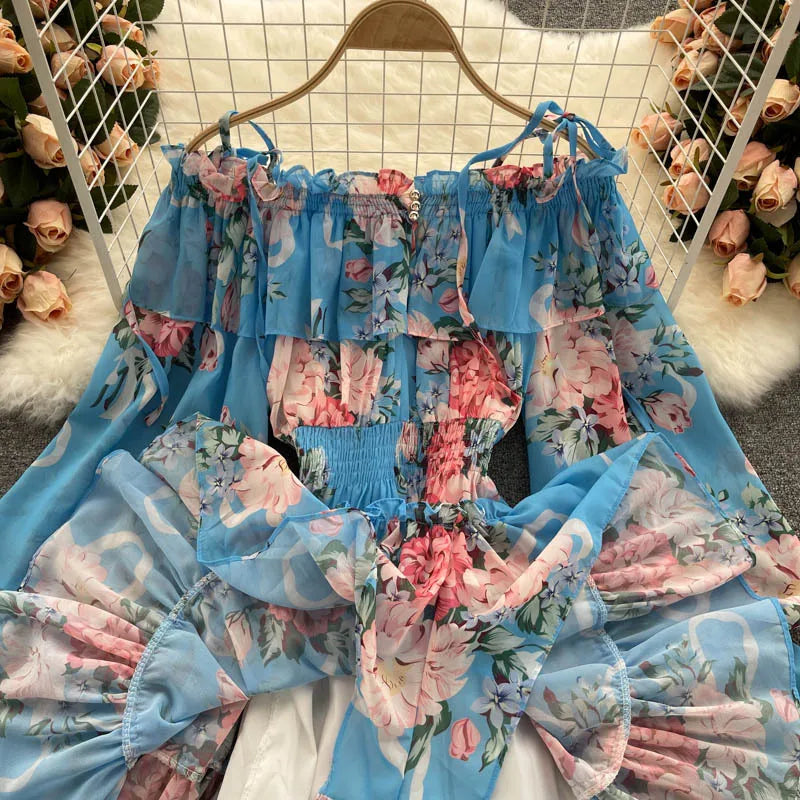2025 New Retro Summer Beach Vacation Dress Women Sexy Strapless Lantern Sleeve Sweet Floral Jumpsuit Short Chiffon Print Dresses