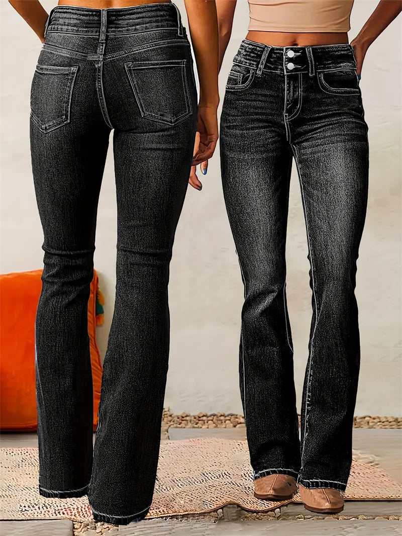 2025 Vintage Mid Waist Washed Stretch Jeans Women New Micro Flared Trousers Casual Commuter Female Denim Pants Trend Streetwear