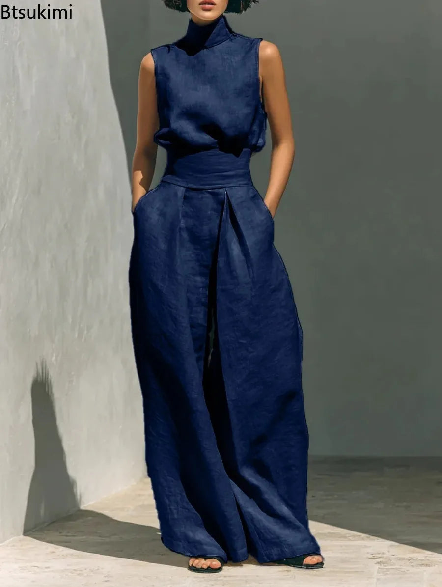 New Women's Solid Color 2 Piece Sets Sleeveless High Neck Tops+High Waist Wide Leg Pants Casual Minimalist Female Summer Outfits