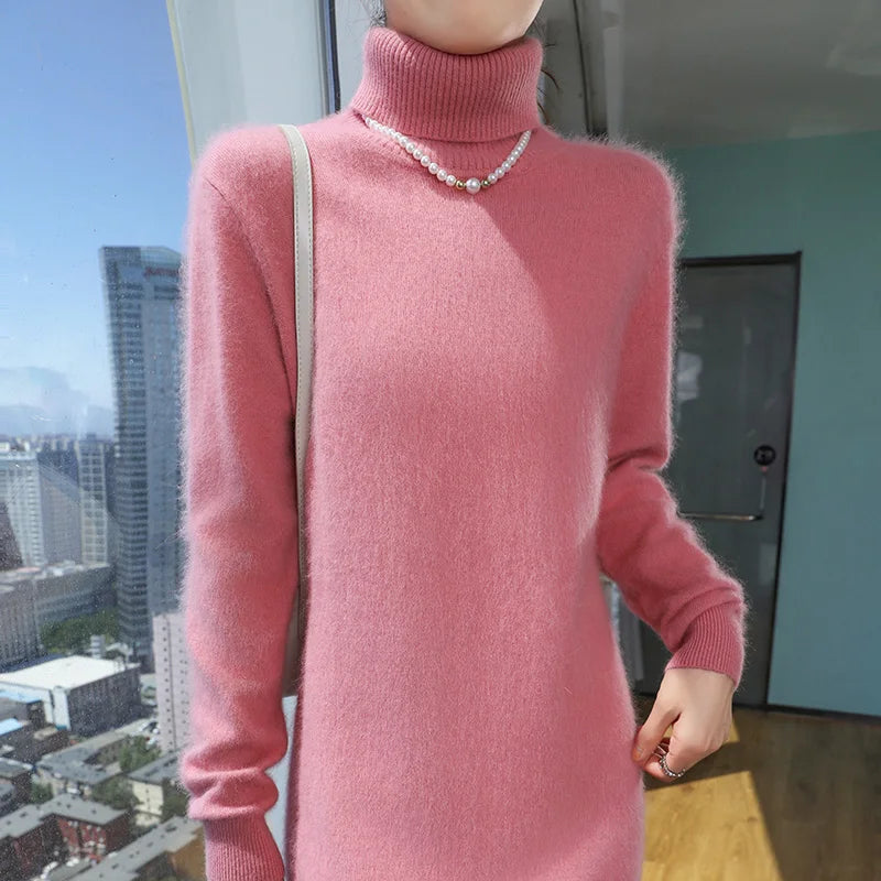 New Hot Selling 100% Mink Cashmere Knitted Women's High Neck Pullover Dress Sweater Slim Fit Solid Color Long Women's Dress