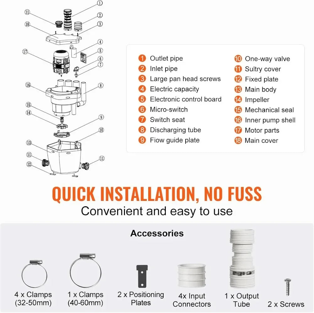 1/3 HP 120V 1750 GPH Sump Pump System, 18 ft Head, Under-Sink Drain Pump for Laundry/Basement, White