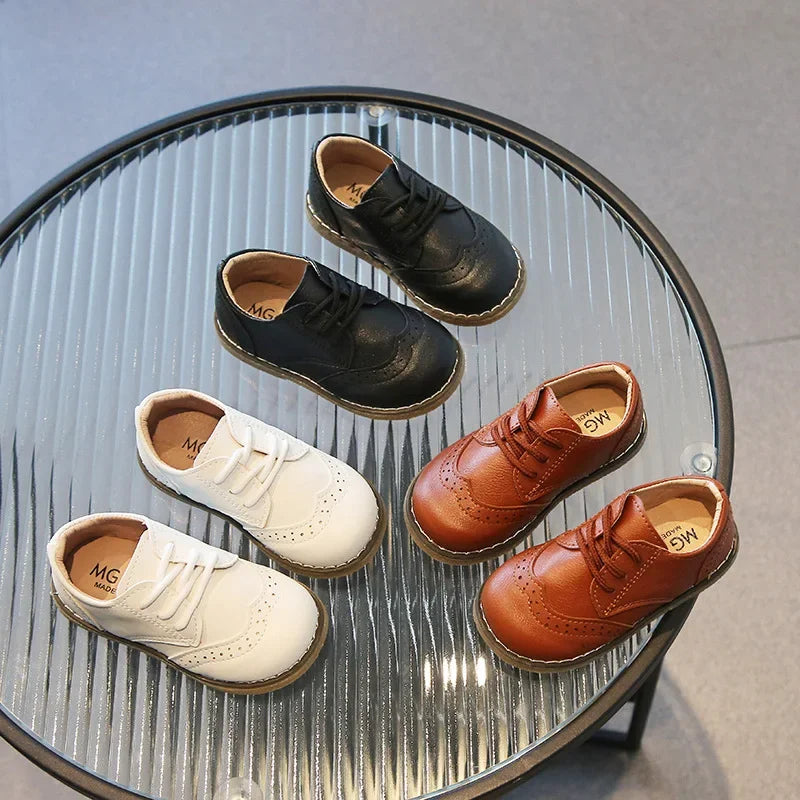 Spring Fall PU Leather Shoes Boys Britain Style Black White Brown Performance Shoes Lace Up Evening Prom Party Shoes Kids G11246