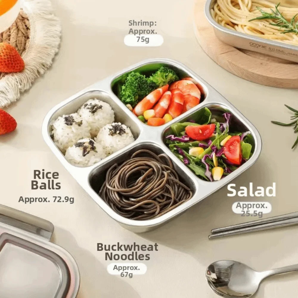 3/ 4 Grids Stainless Steel Lunch Box Reusable Sealed Food Container Leak Proof 600ml Capacity Student Meal Plate Microwave Oven