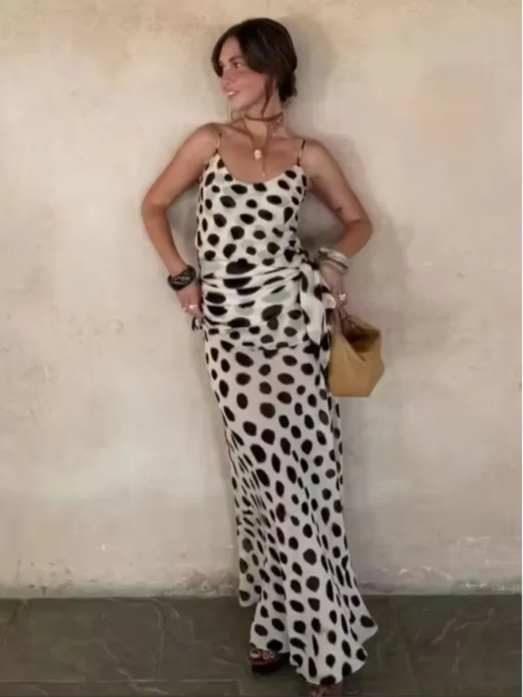 Trendy Slip Dress Animal Print V-neck Ruched Drawstring Sexy Maxi Women Dresses Beach Vacation Stylish Retro Summer Party Outfit