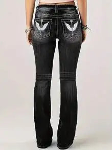 Women Embroidery Pockets Distressed Jeans Mid Waist Stretch Slim Fit Pants Vintage Denim Trousers Autumn Female Streetwear