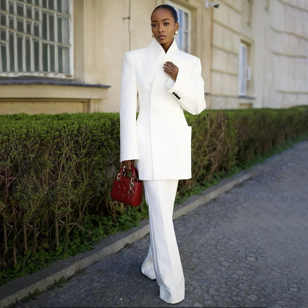White Pants Suit Woman Luxury 2 Pieces Jacket Pants Smart Casual Office Lady Blazer Set Solid Color Trajes De Mujer Elegante