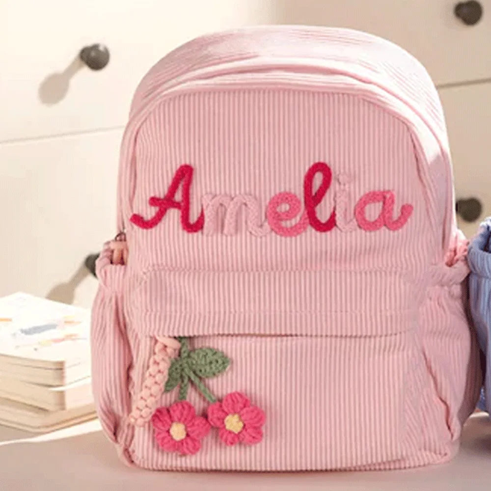 Personalized Small High-Quality Corduroy Backpack – Customizable School Bag with Name Print; Cute and Practical