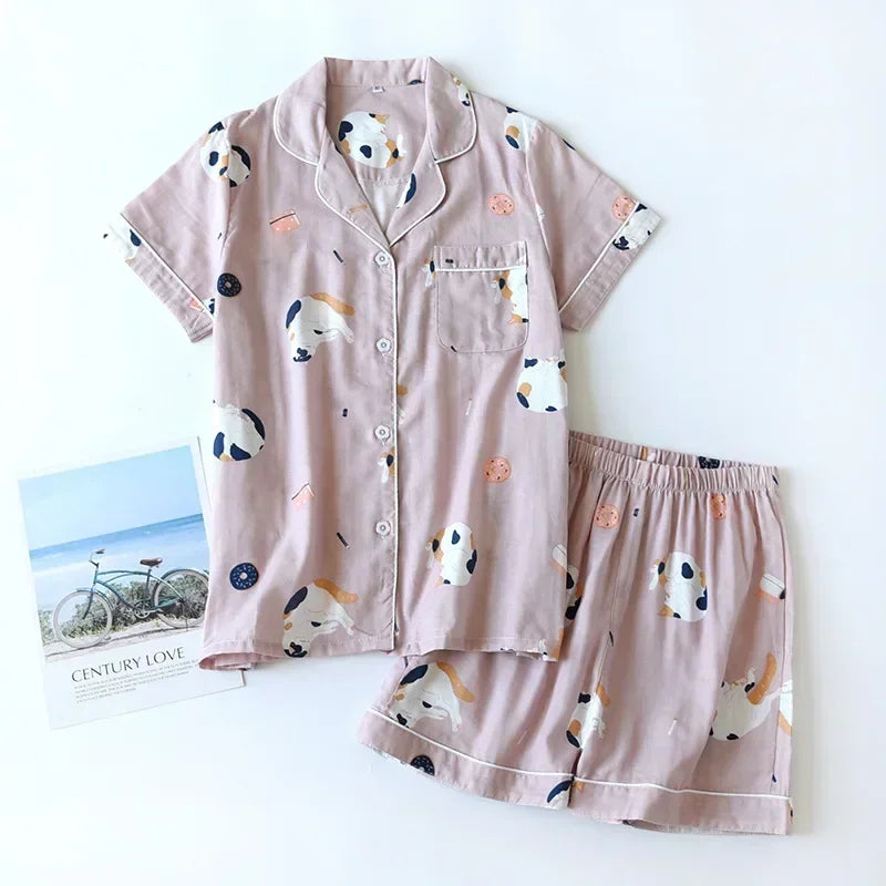 Japanese simple short pyjamas women 100% cotton short sleeves ladies pajama sets shorts Cute cartoon sleepwear women homewear
