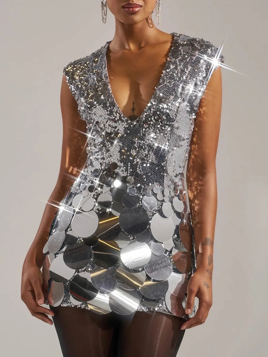 TWOTWINSTYLE Fashion Slimming Spliced Sequins Mini Dresses for Women V Neck Sleeveless Temperament Dress Female Clothing New