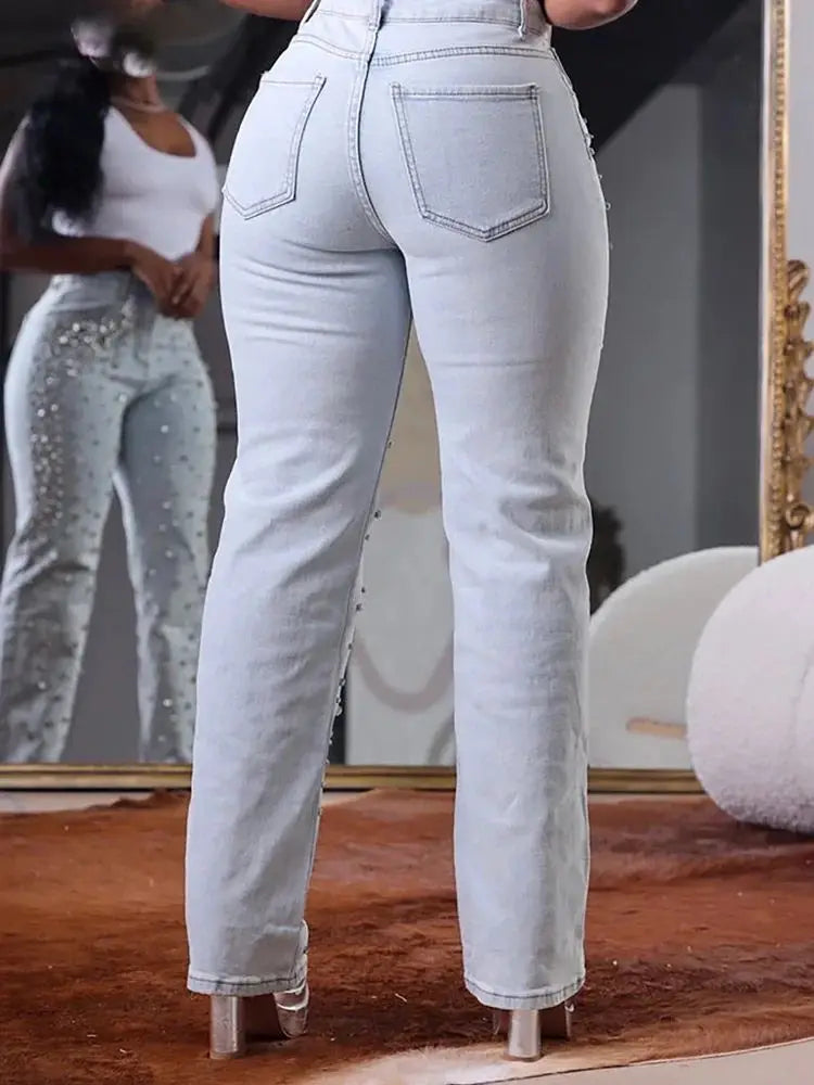 High Waist Slim Beaded Denim Jeans Women's Spring Casual Fashion Ladies' Premium Quality Jeans