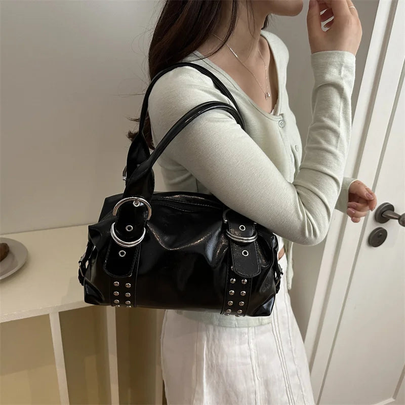 Vintage Style PU Leather Women Shoulder Bag Large Capacity High Quality Fashion Rivet Handbag Daily Use Y2K Motorcycle Bag