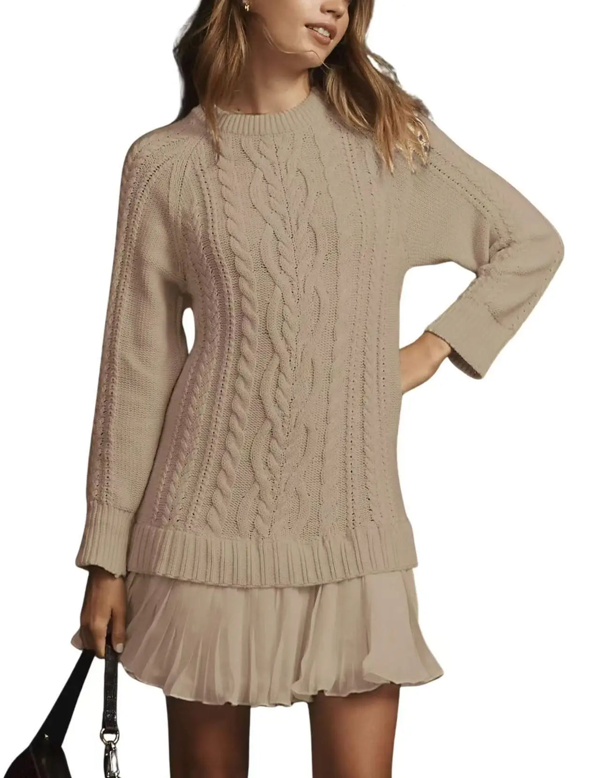 2025 Winter Long Sleeve Twist Knitted Sweater Dress Woman Ruffle Chiffon Pleated Dresses Fall Solid Warm A-Line Pullover Dress