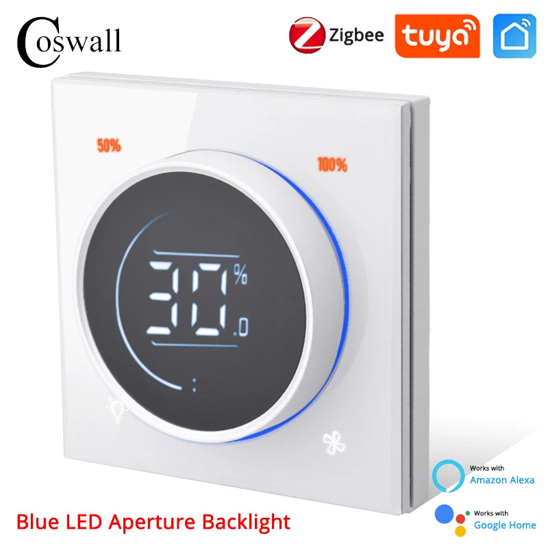 Glass Panel Wifi/Zigbee2MQTT Smart Light Switch With Knob Fan Controller 300W Max.  Digital LCD For Ceiling Fan Lamp