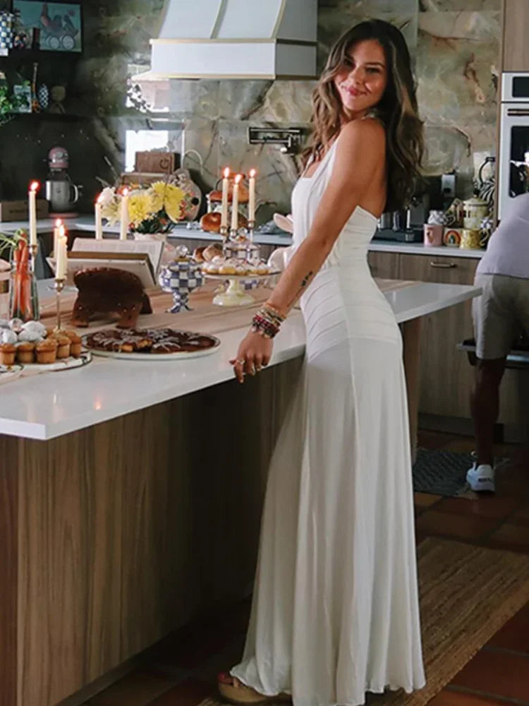 Elegant White Halter Neck Maxi Dress For Women Chic Backless Pleated Bodycon Long Vestidos 2026 Wedding Guest Evening Gown