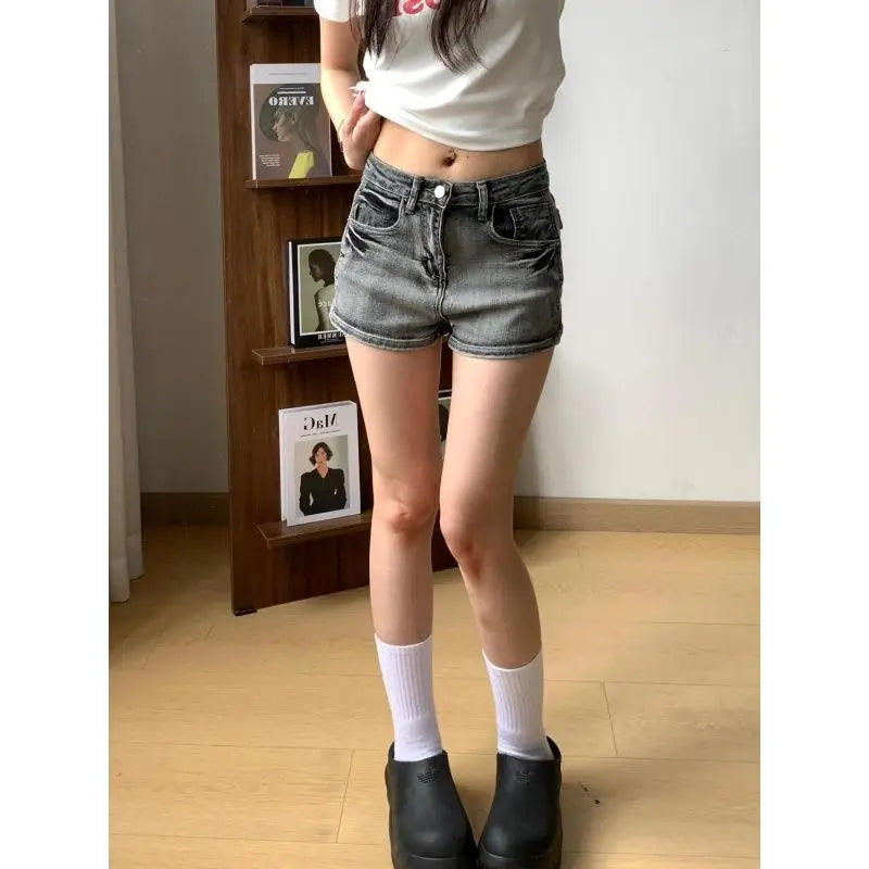 Black and Gray Low-rise Denim Super Y2k Shorts Women Washed Old Slim Elastic Hot Pants Booty Shorts
