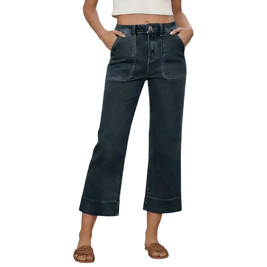 Wide Leg Jeans With Front Pockets For Women Cropped Micro Cut Pants High Waisted Patch Pocket Straight Leg Jeans Summer Pants