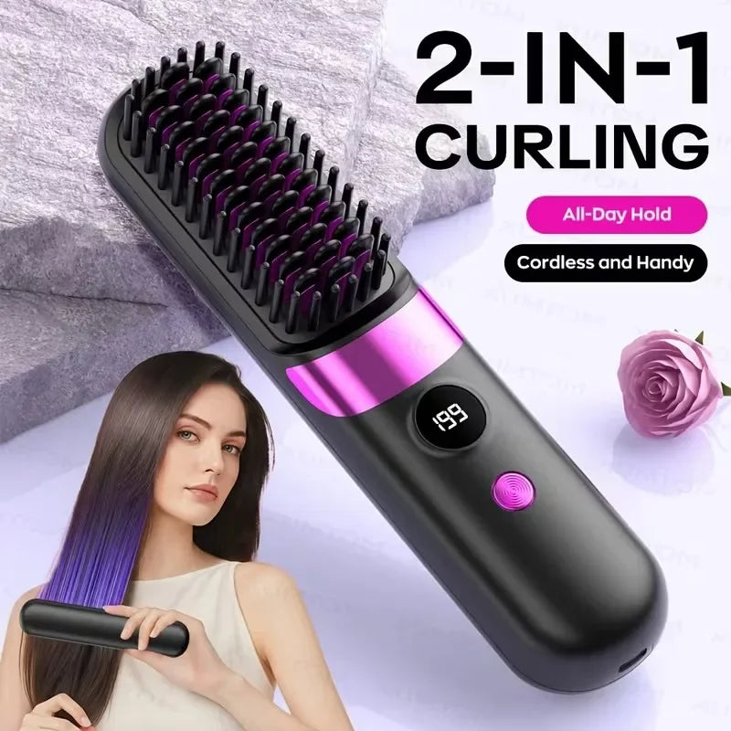 Portable Mini 2-in-1 Hair Straightener and Curler, Wireless USB Rechargeable, For Home & Travel Use, With LCD Display
