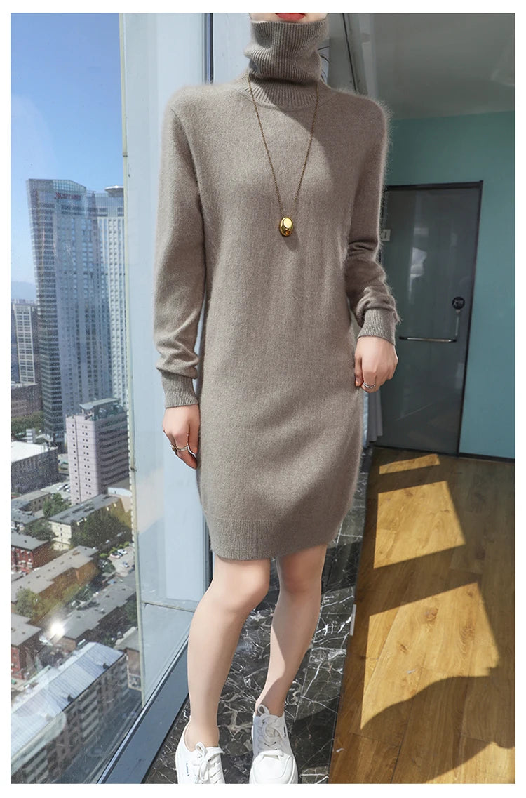 New Hot Selling 100% Mink Cashmere Knitted Women's High Neck Pullover Dress Sweater Slim Fit Solid Color Long Women's Dress